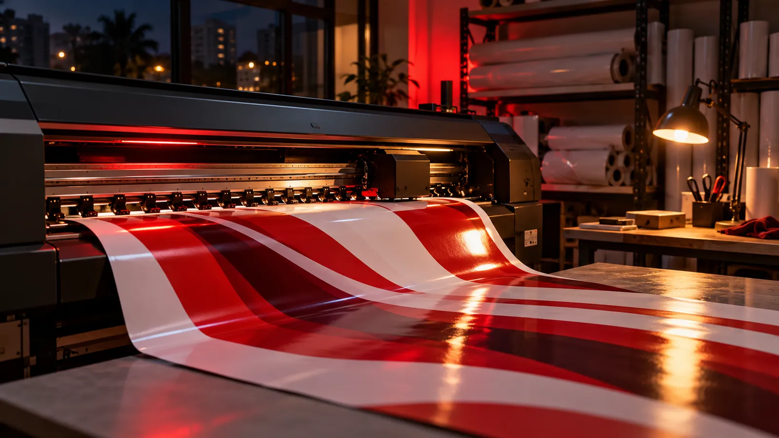 A long red and white print coming off a large-format printer