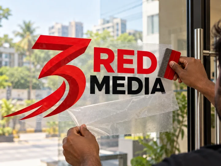 Applying a 3 Red Media vinyl graphic on glass with a squeegee