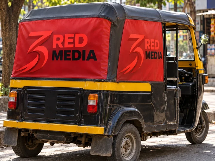 Pune auto-rickshaw with printed vinyl branding panels and the 3 Red Media logo