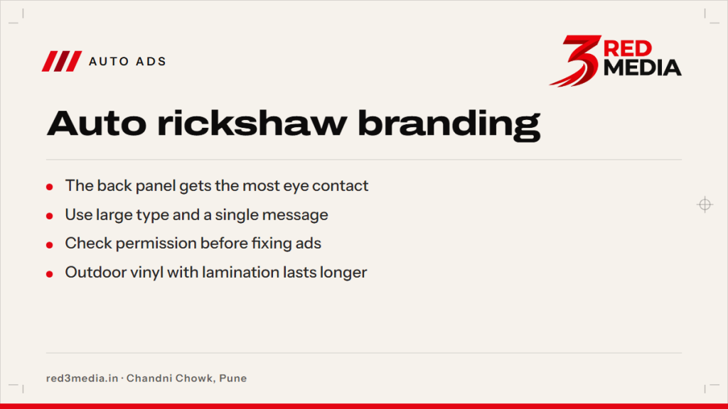 Auto Rickshaw Branding With Vinyl: Hood, Back and Side Panels - key facts card