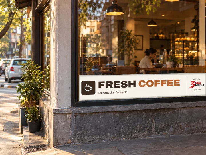 Café window in Pune with a printed vinyl window graphic for coffee, tea and snacks, with the 3 Red Media printer credit