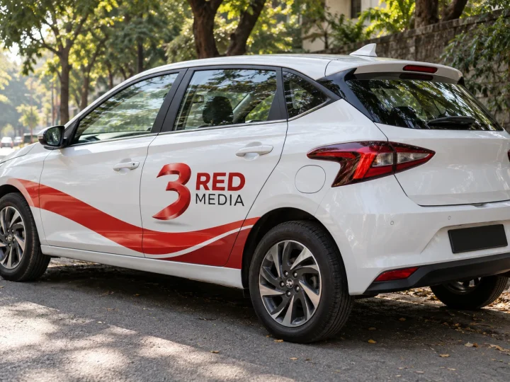 White hatchback with a partial vinyl wrap carrying the 3 Red Media logo, Pune street