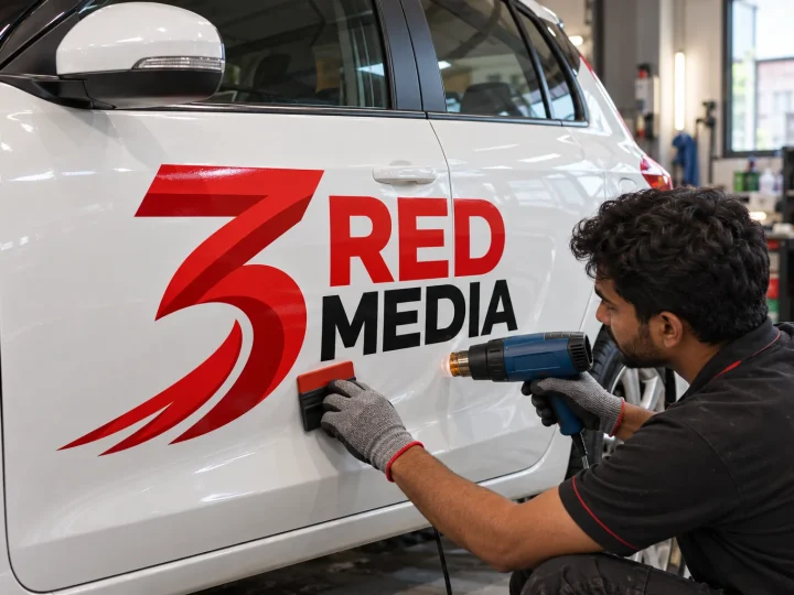 Installer using a heat gun to wrap a car door with vinyl carrying the 3 Red Media logo