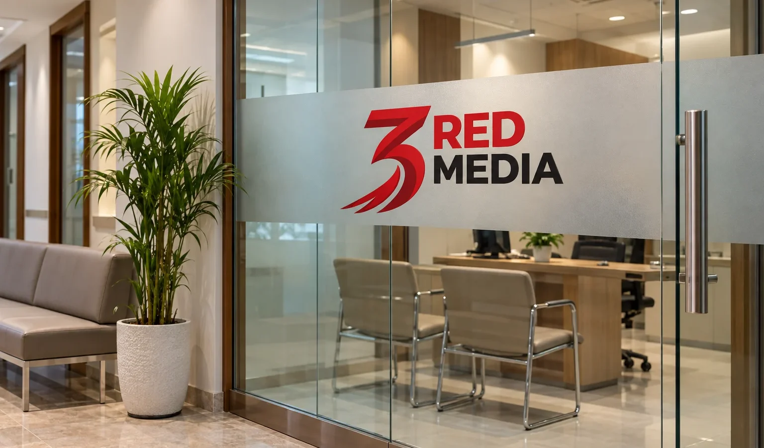 Clinic consultation cabin glass with frosted film and the 3 Red Media logo