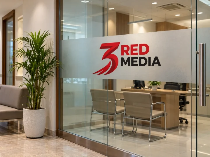 Clinic consultation cabin glass with frosted film and the 3 Red Media logo
