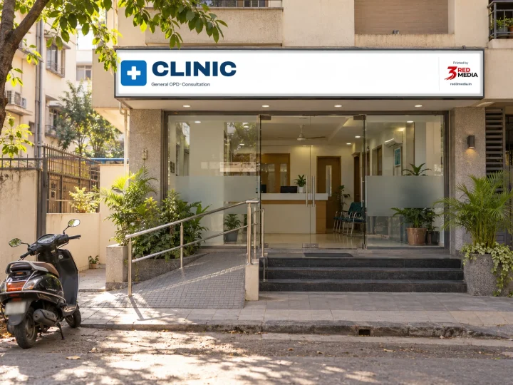Clinic front in Pune with a printed vinyl name board, with the 3 Red Media printer credit