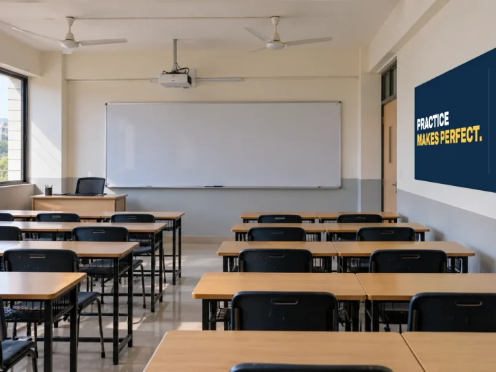 Printed vinyl wall graphic in a coaching classroom in Pune reading Practice makes perfect, with the 3 Red Media printer credit