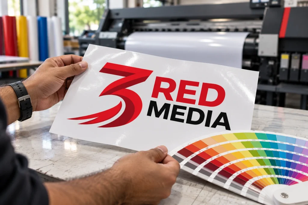 Print operator checking printed vinyl colour against a swatch book