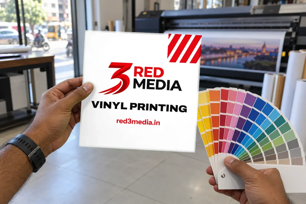 Checking a printed vinyl sample against a colour swatch fan
