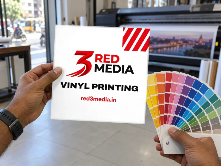 Checking a printed vinyl sample against a colour swatch fan