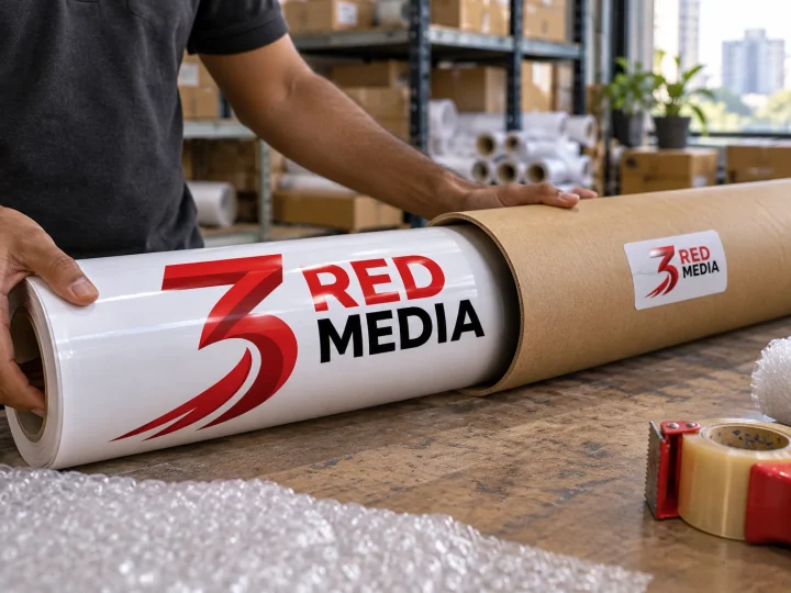 Rolled vinyl prints packed in a tube for courier with a 3 Red Media sticker