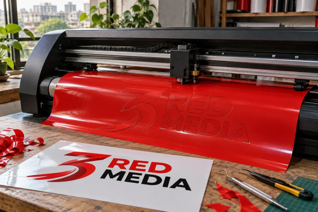 Red vinyl being cut along a logo outline in the workshop, the step before a seal sheet is separated