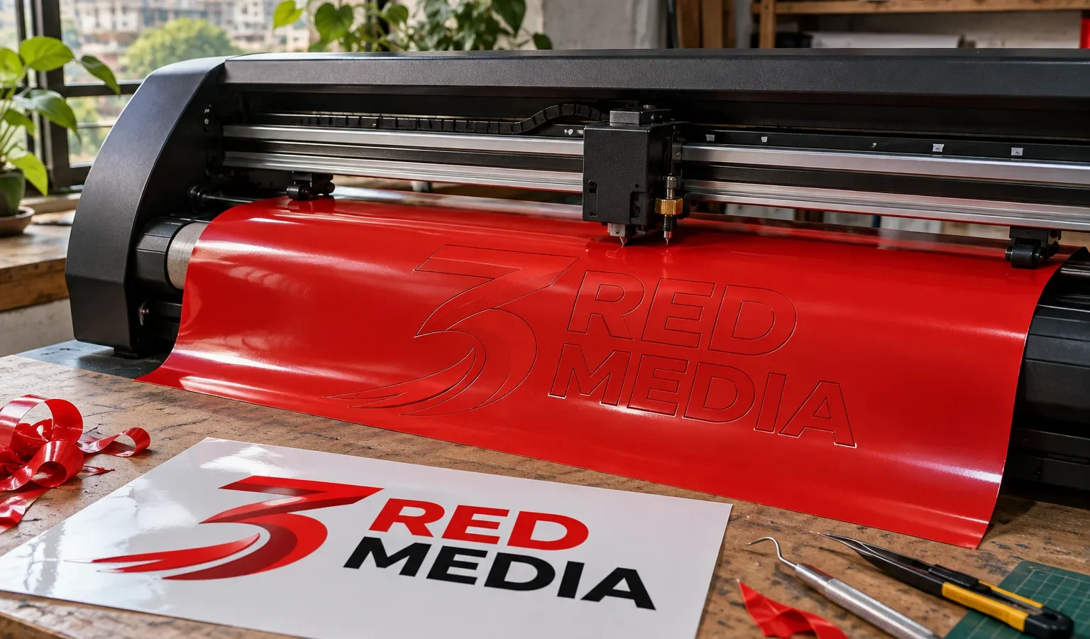 Vinyl cutting plotter cutting the 3 Red Media logo from red vinyl