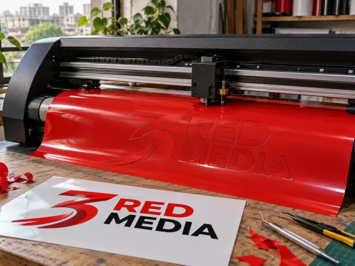 Vinyl cutting plotter cutting the 3 Red Media logo from red vinyl