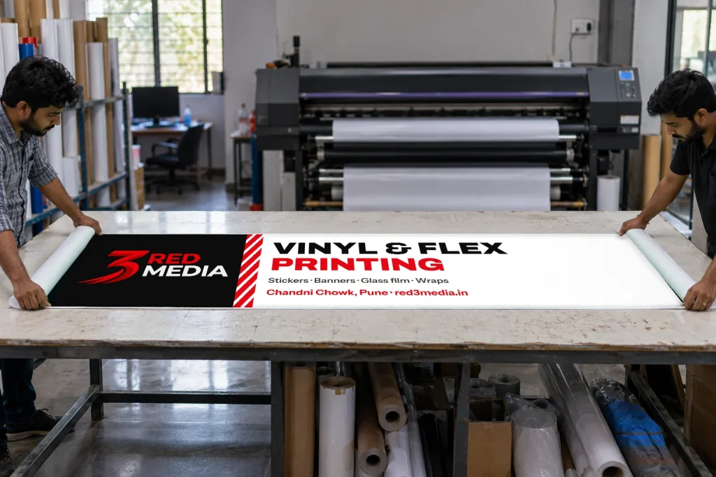 Freshly printed flex banner unrolled on a print-floor table, by 3 Red Media
