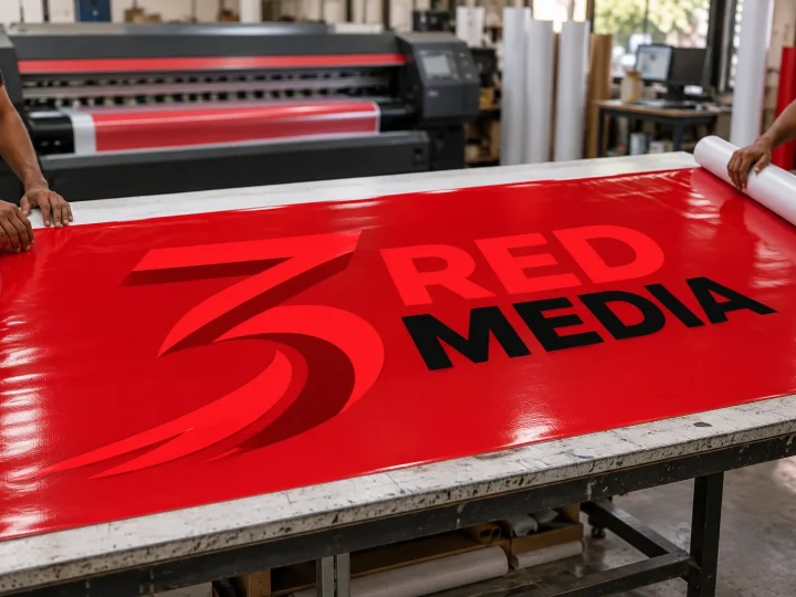 Freshly printed flex banner being unrolled on the print floor with the 3 Red Media logo