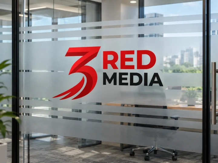 Office glass with decorative frosted film stripes and the 3 Red Media logo