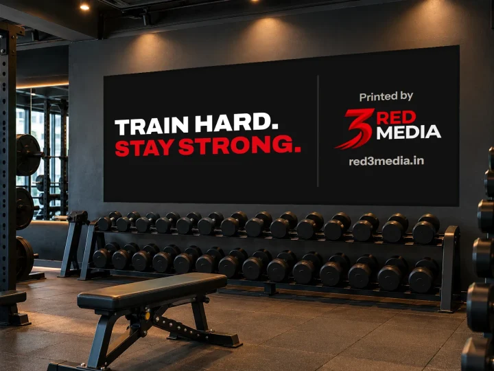Printed vinyl wall graphic in a Pune gym reading Train hard, stay strong, with the 3 Red Media printer credit