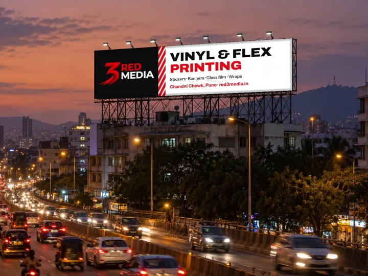 Rooftop hoarding at dusk printed for 3 Red Media