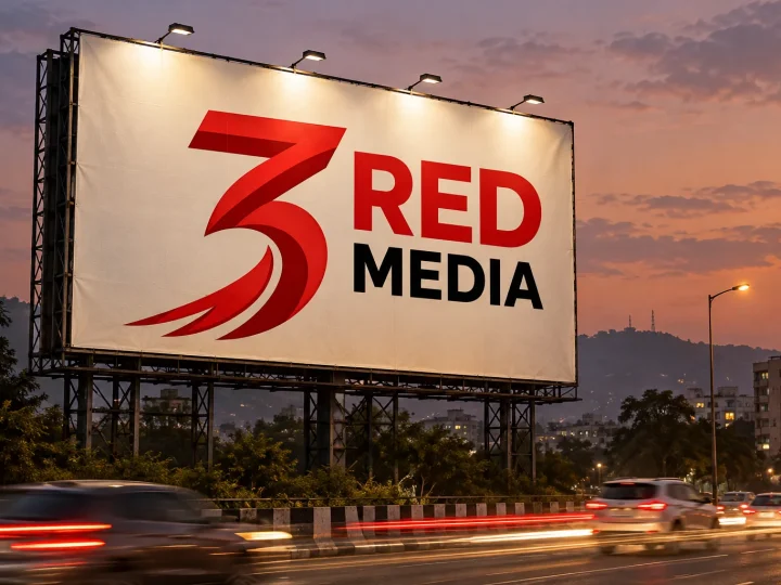 Roadside hoarding carrying the 3 Red Media logo on a red and cream graphic