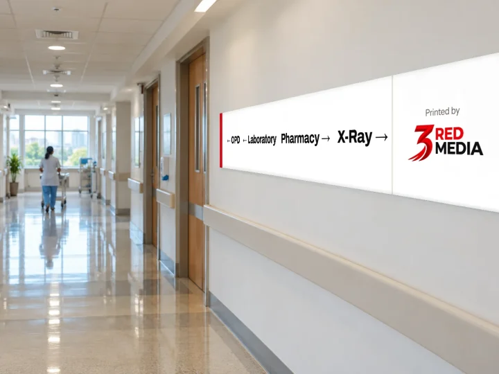 Hospital corridor with printed vinyl wayfinding panels and the 3 Red Media logo