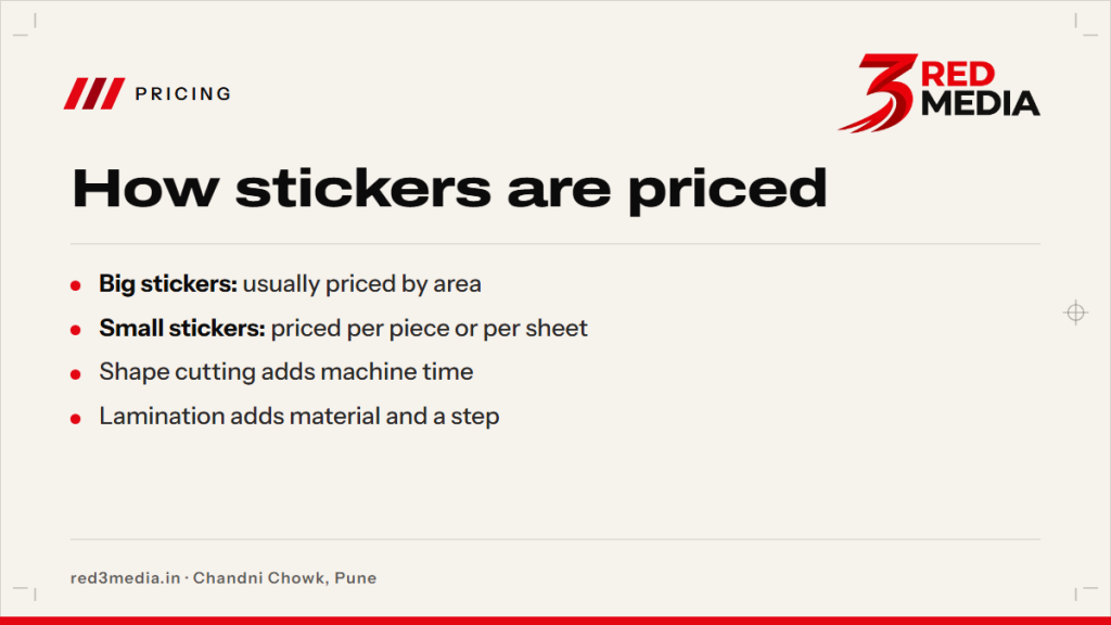 How Sticker Printing Is Priced: Per Piece, Sheet or Sq Ft - key facts card