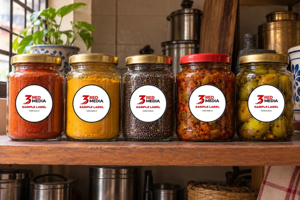 Glass jars with round printed vinyl sample labels by 3 Red Media