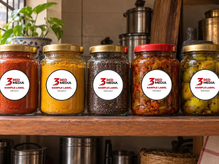 Glass jars with round printed vinyl sample labels by 3 Red Media