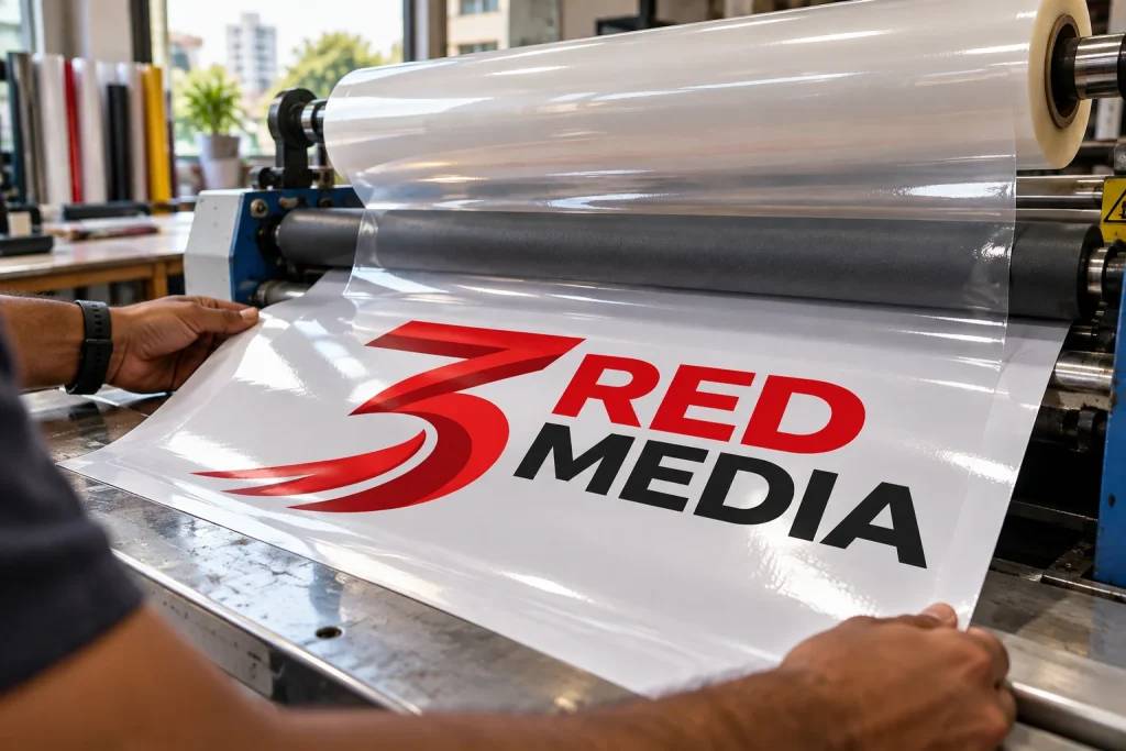 Hands feeding a printed vinyl sheet through a laminator, the finishing step for lab asset tags