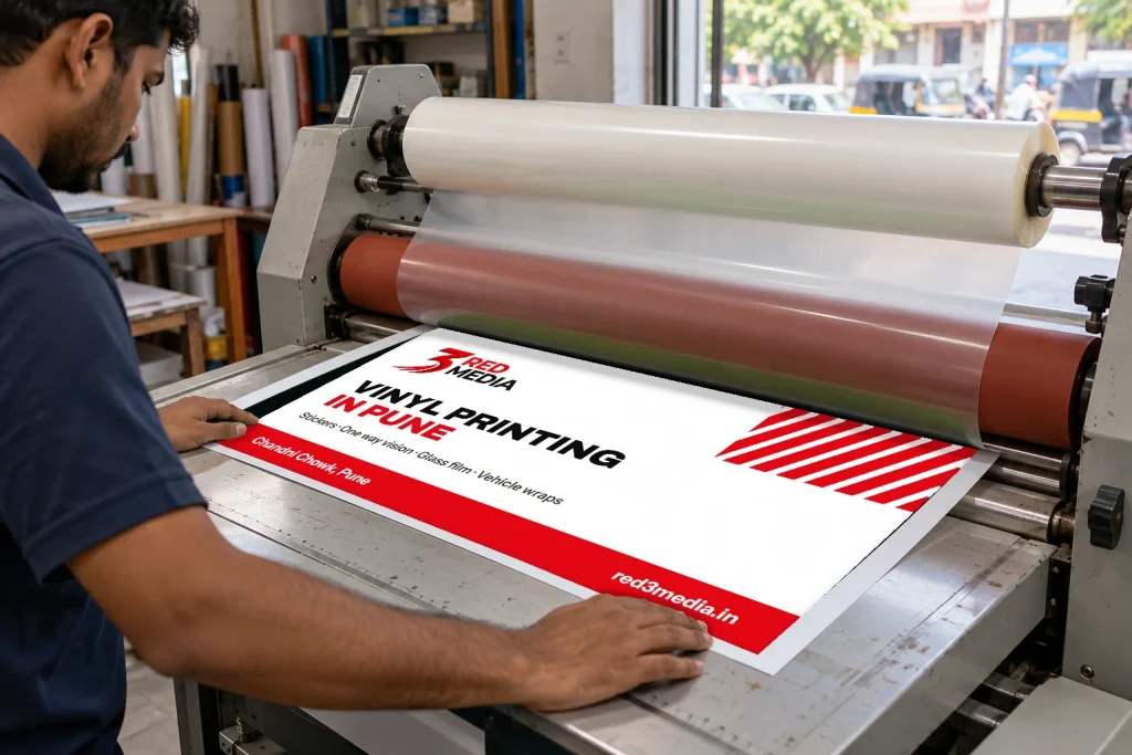 Laminating a printed vinyl sheet at the 3 Red Media print unit