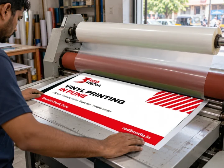 Laminating a printed vinyl sheet at the 3 Red Media print unit