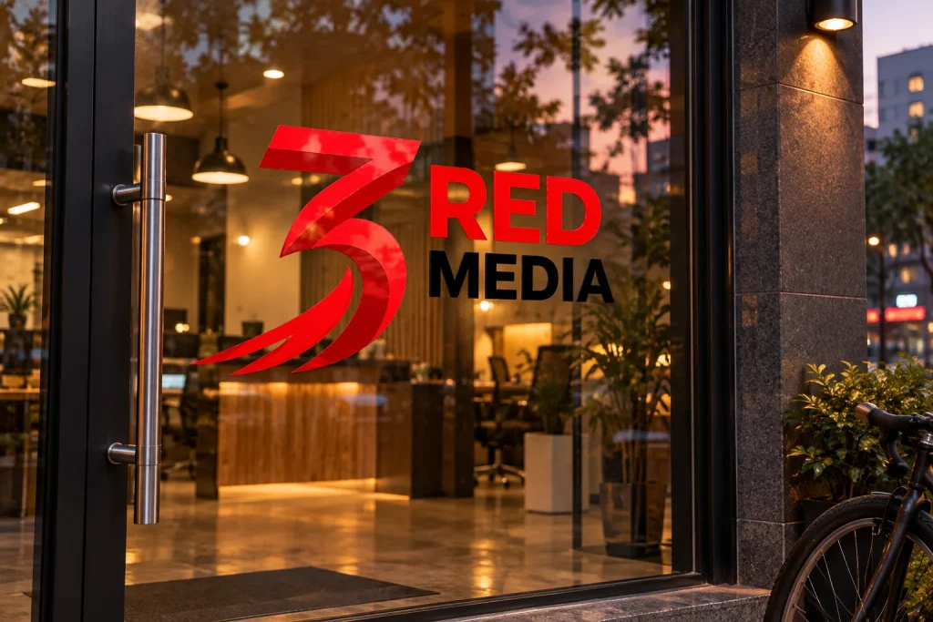 Shop glass door in Pune with a printed vinyl door sticker of the 3 Red Media logo