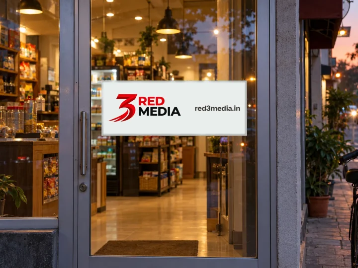 Shop glass door in Pune with a printed vinyl door sticker of the 3 Red Media logo