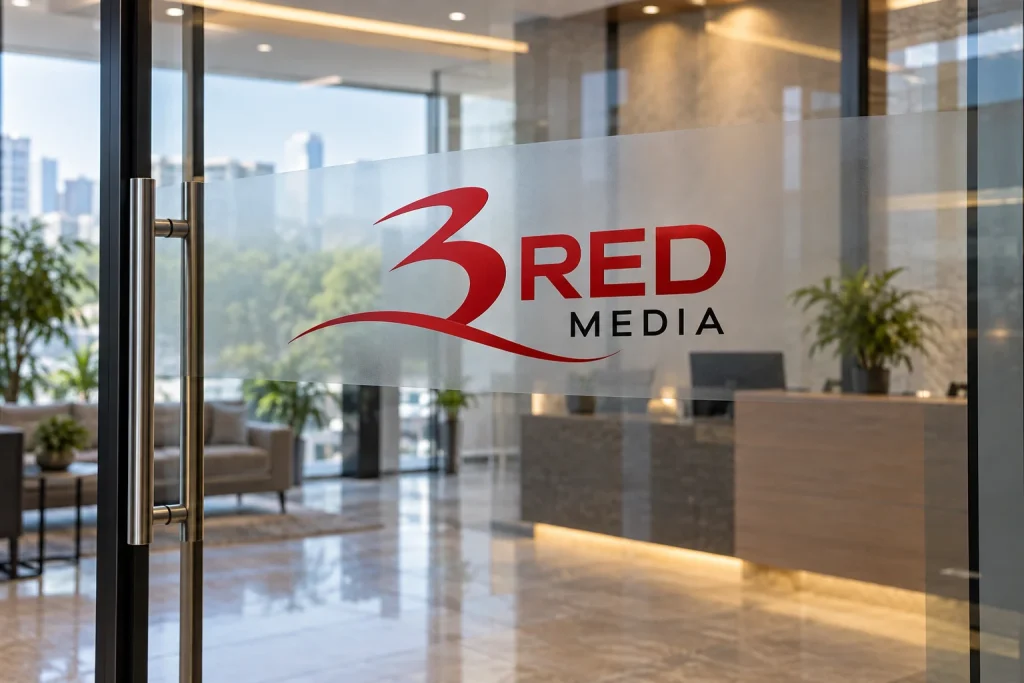Glass entrance door with a frosted and red cut graphic at eye level, a mark a showroom cabin or entrance can carry