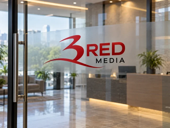 3 Red Media logo as frosted and red cut vinyl on an office glass entrance door