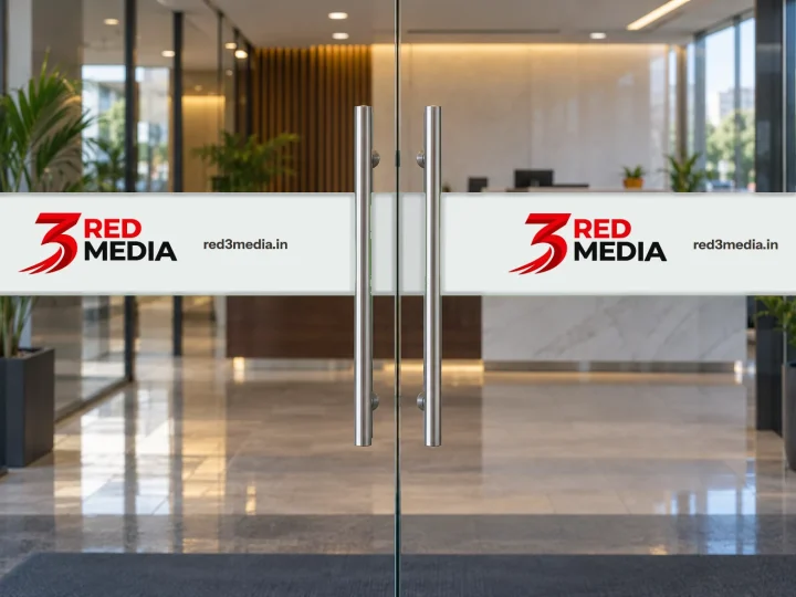 Office glass door with a frosted vinyl band carrying the 3 Red Media logo