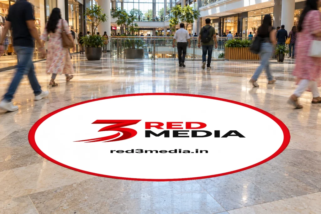 Round anti-skid floor graphic printed for 3 Red Media in a shopping mall