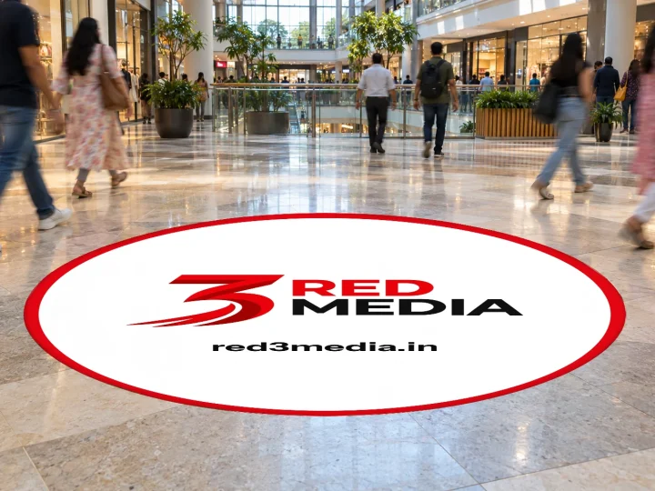 Mall floor graphic printed on anti-skid vinyl with the 3 Red Media logo