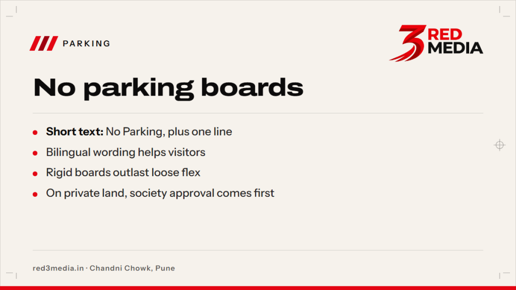 No Parking Board: Size, Wording and Material That Last - key facts card