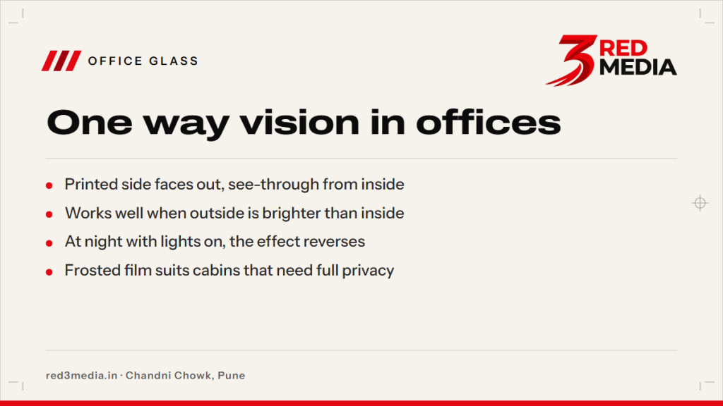 One Way Vision for Office Glass: Privacy, Light and Branding - key facts card