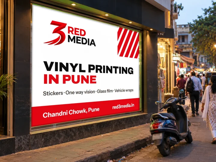 One way vision print on a Pune shop window showing a 3 Red Media advert