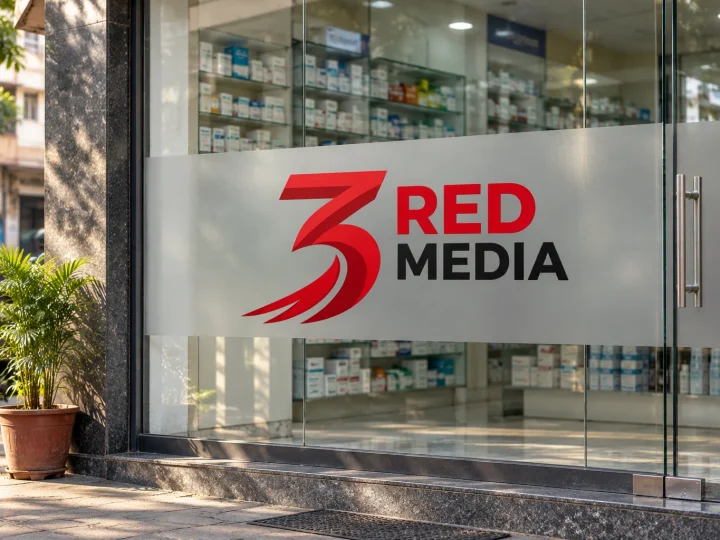 Medical shop glass front with frosted film and the 3 Red Media logo