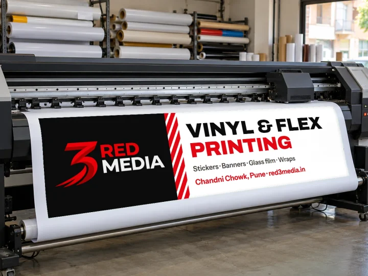Printed vinyl roll with the 3 Red Media logo coming off a large-format printer
