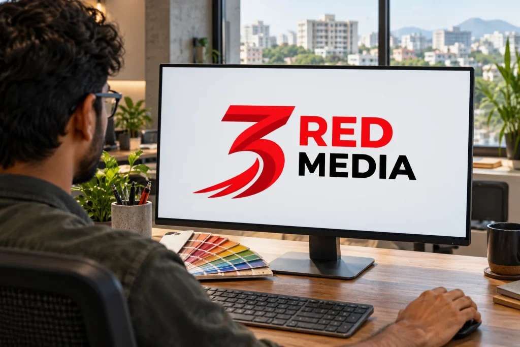 Designer checking a digital proof of the 3 Red Media logo artwork on a monitor