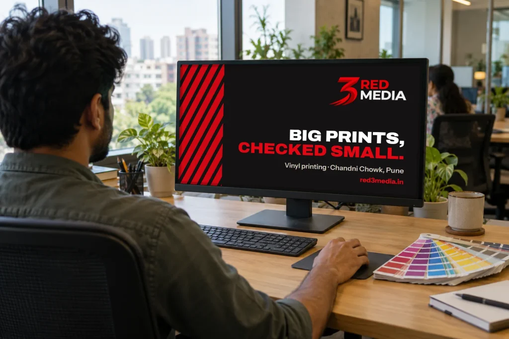Designer checking a digital proof for 3 Red Media on a monitor