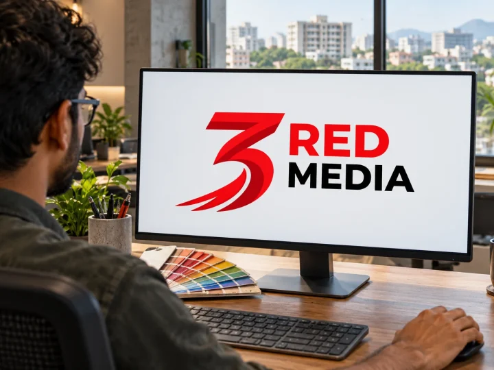 Designer checking a digital proof of the 3 Red Media logo artwork on a monitor