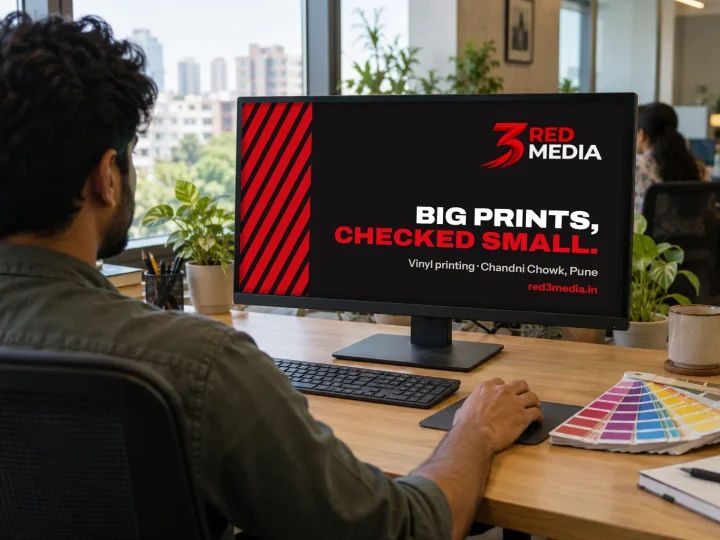 Designer checking a digital proof for 3 Red Media on a monitor