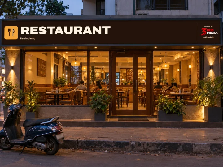 Restaurant front in Pune with a printed sign board, with the 3 Red Media printer credit