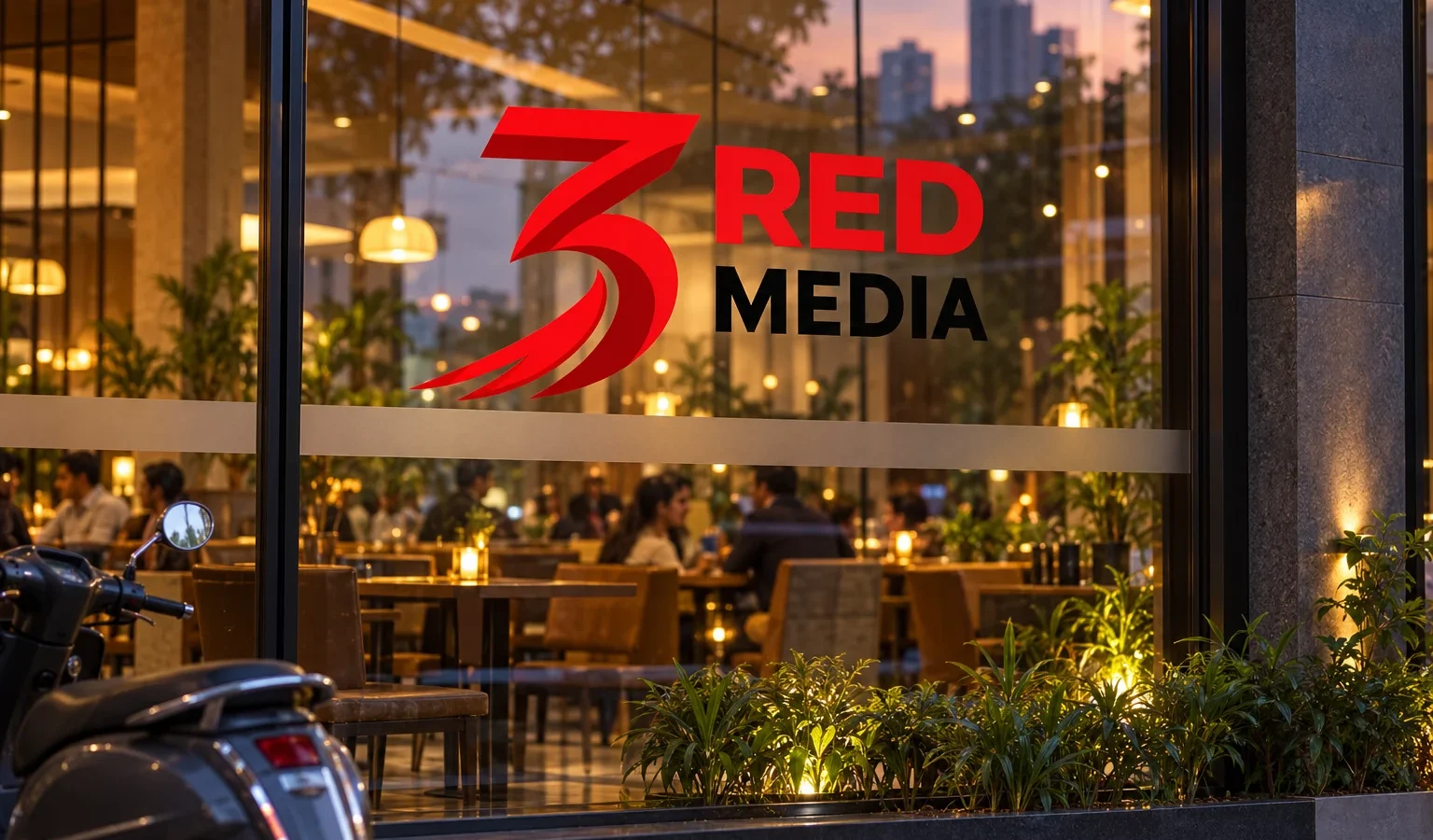 Restaurant glass front with red cut vinyl graphics and the 3 Red Media logo