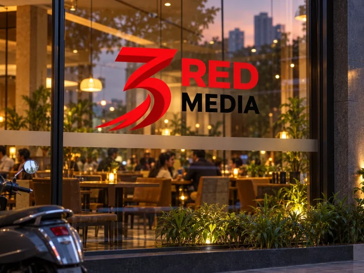 Restaurant glass front with red cut vinyl graphics and the 3 Red Media logo
